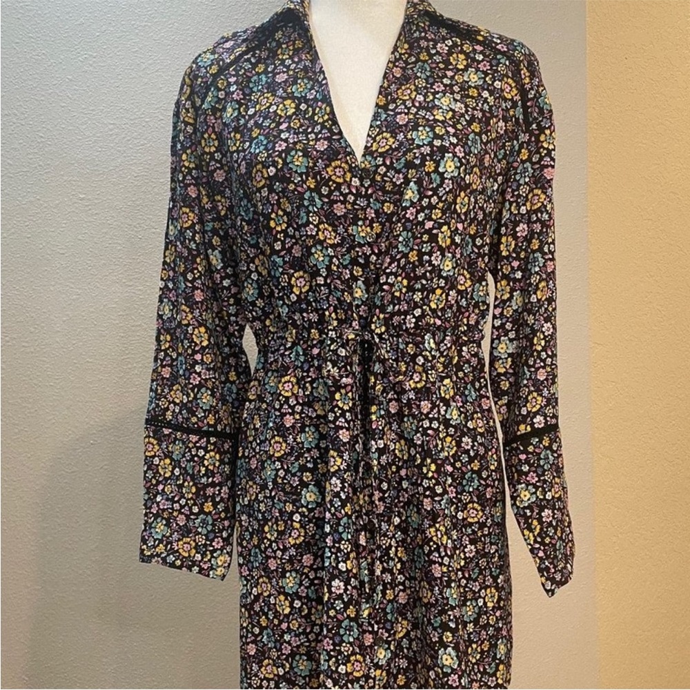 ZARA FLORAL LONG SLEEVE MINI DRESS WITH DRAWSTRING WAIST. SIZE MEDIUM. NWT